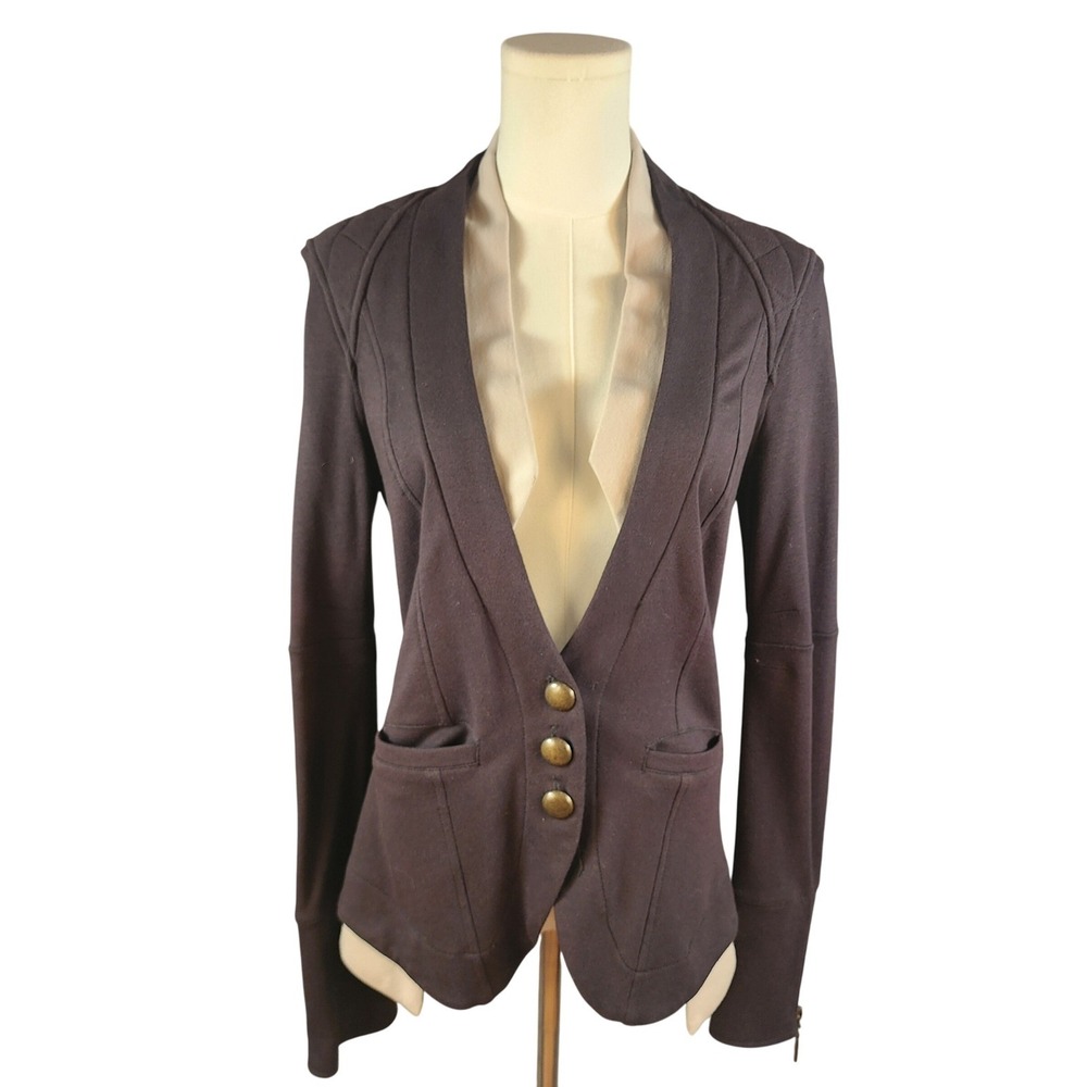 MIKE GONZALEZ Dark Brown Quilted Shoulder Knit Blazer Jacket Women Small